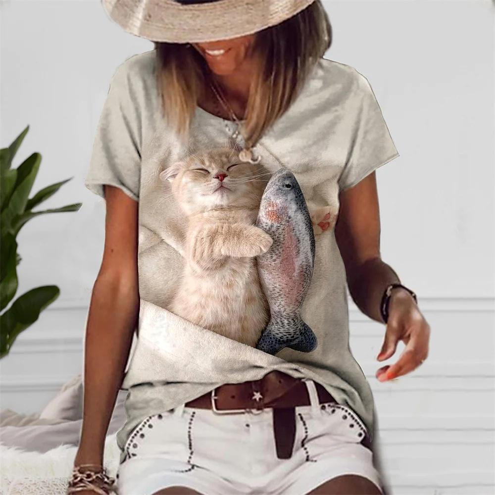 Женская футболка с 3D принтом кота и летним элементом — фото 4
