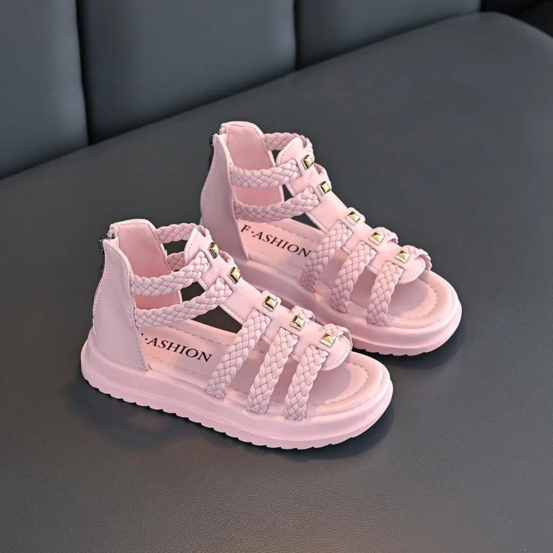 

Детские летние сандалии, однотонные туфли принцессы для девочек, модные высокие детские повседневные римские пляжные сандалии с открытым носком, мягкие 26 розовый