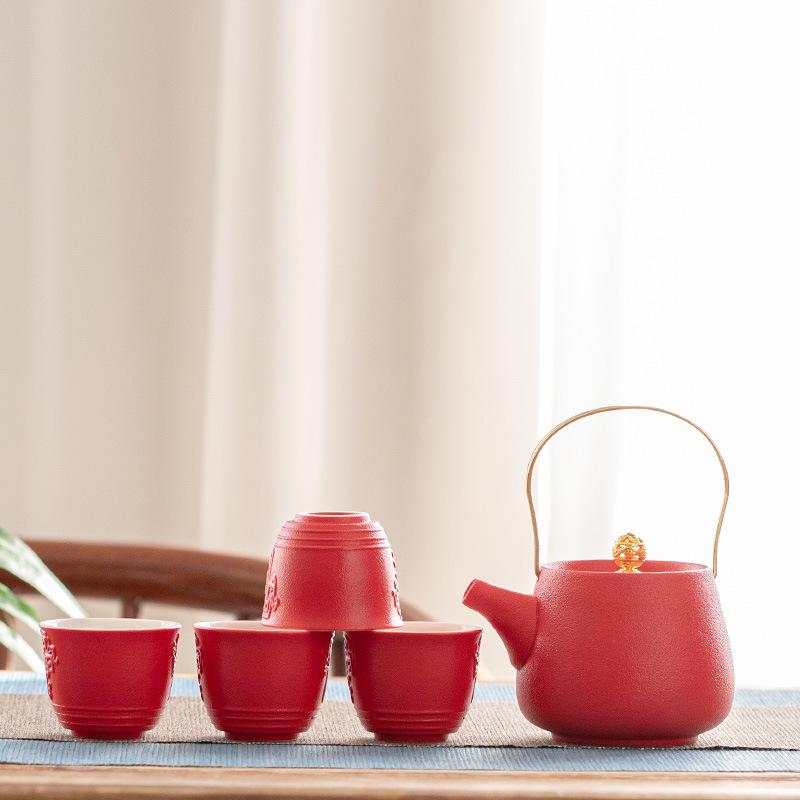 Chinese Red Wedding Gongfu Tea Set: Ceramic Tea Cups & Tray - Perfect Wedding Gift for a Best Friend 1 Pot 4 Cups [Solid Color] Foam Package