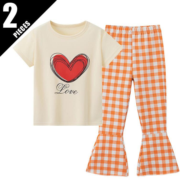 2/3piece set of summer girls' fashionable casual short sleeved flared pants set with heart round neck T-shirt and checkered pant