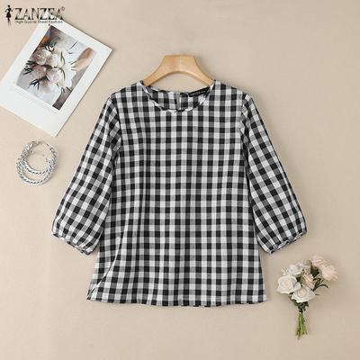Women Casual Round Neck 3/4 Sleeve Loose Grid Print Blouse
