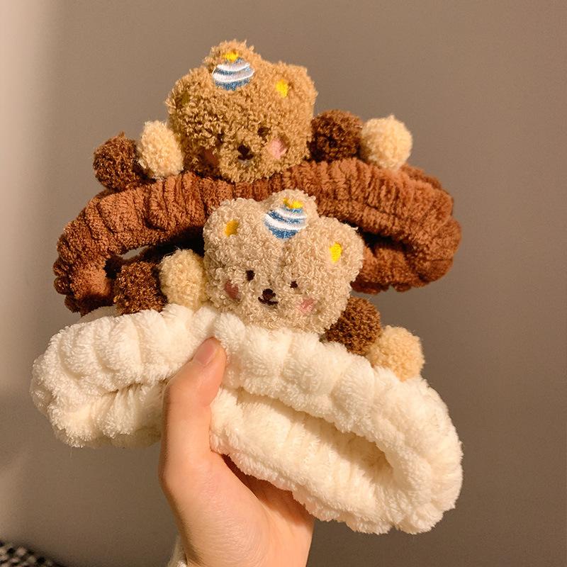 New cartoon coffee color cute bear hair band plush wash face makeup apply facial mask autumn winter hair band female hair band