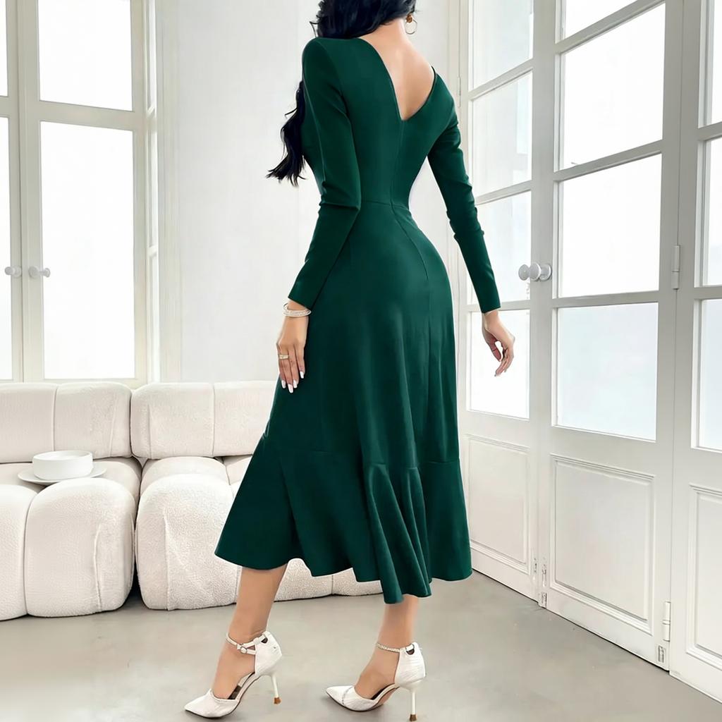 Women's Elegant Long Sleeve Round Neck Slim Fit Evening Dress for Formal Occasions