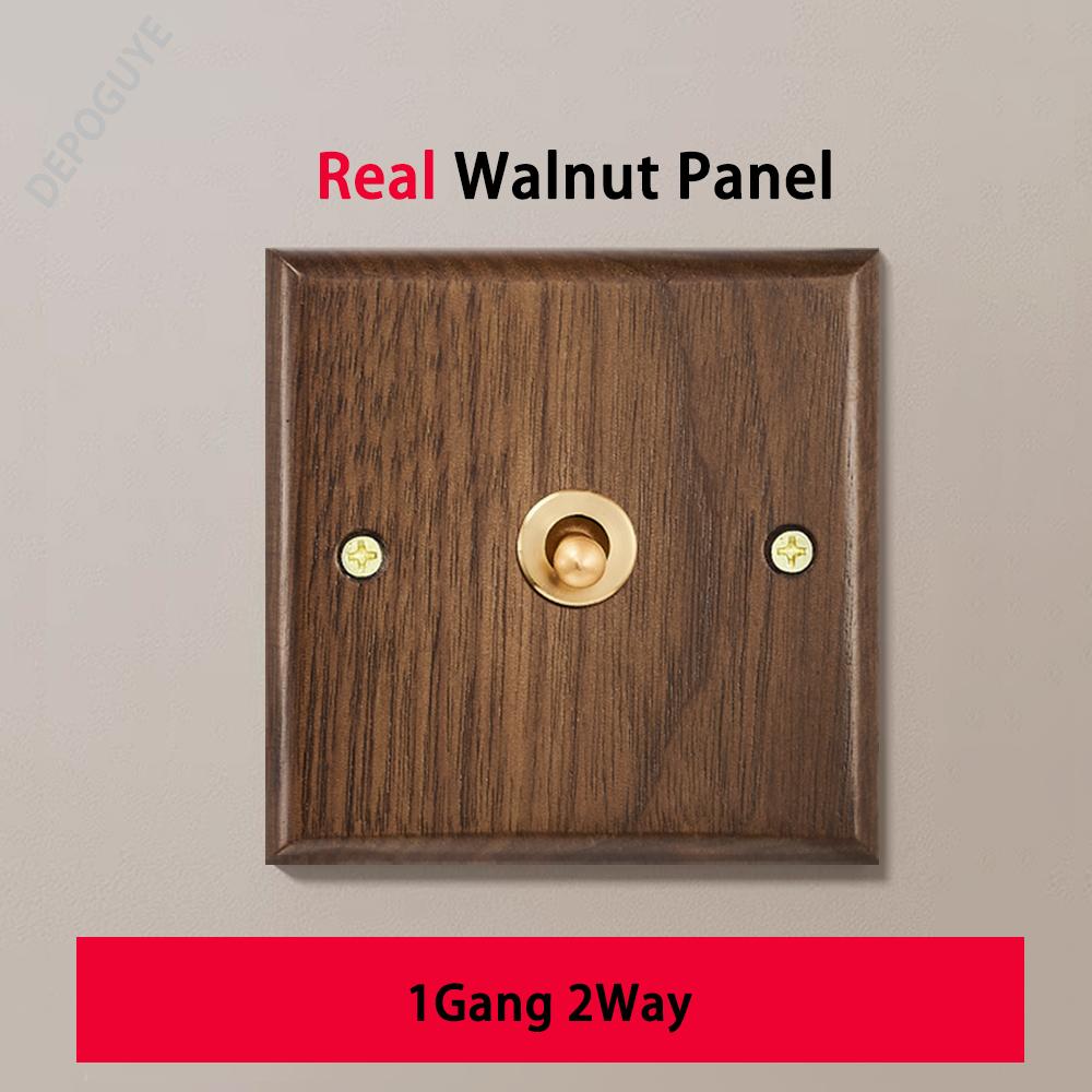 Black Retro Walnut Wall Toggle Switch Panel 1-4Gang 2Way Solid Wood Double EU/FR Socket Universal Usb C Electrical Power Outlet