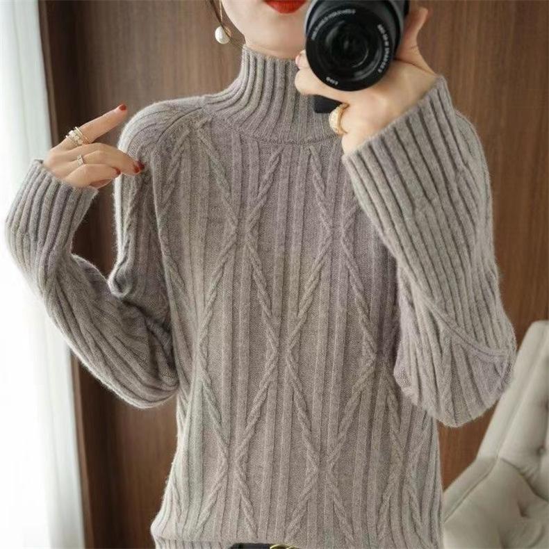 

Cable Knit Sweater Women Autumn Winter Semi High Neck Korean Loose Solid Thick Outerwear Knit Top One Size верблюд