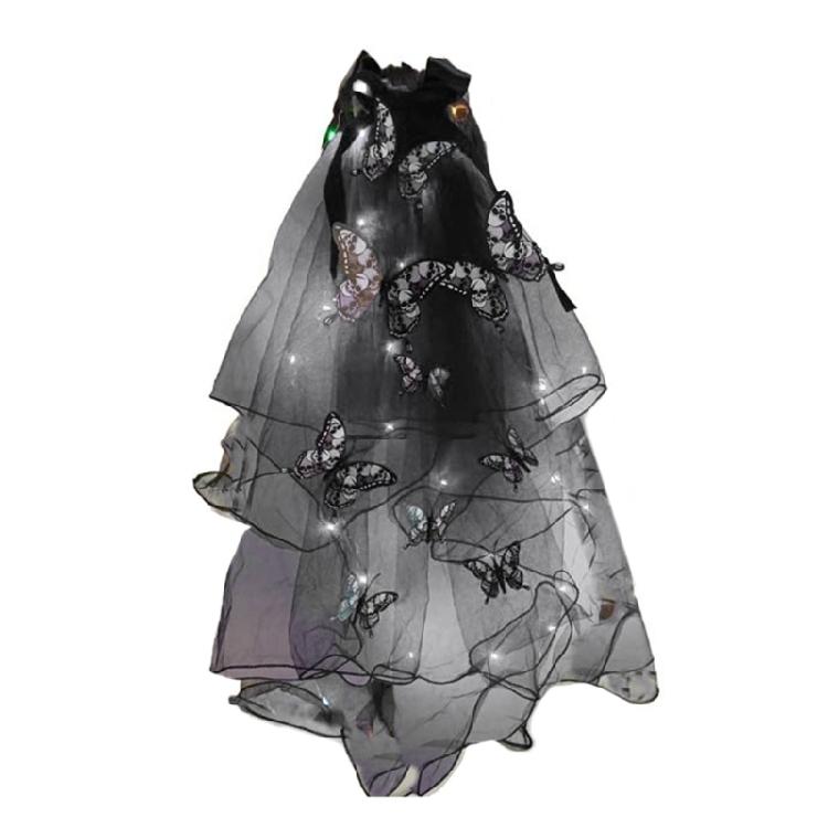 Zart leuchtender Totenkopf-Schmetterlingsschleier Einzigartiger Halloween-LED-Schleier Totenkopf-Schmetterlingsmuster-Schleier für Kostümpartys für Erwachsene