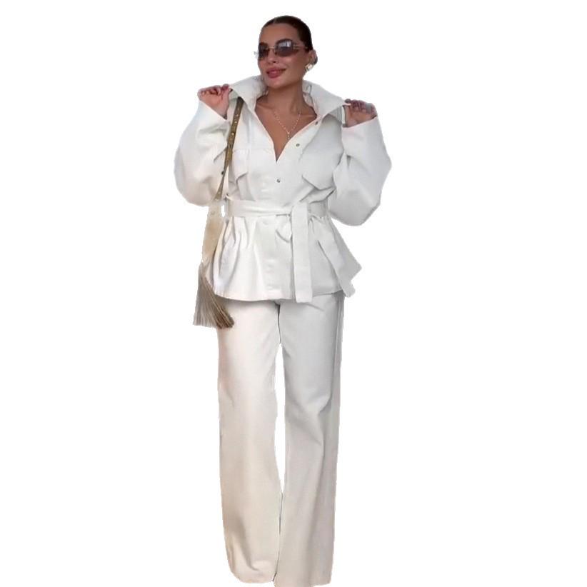 2025 European Autumn Cardigan with Stand-up Collar and Belted Waist, Paired with Loose Temperament Trousers