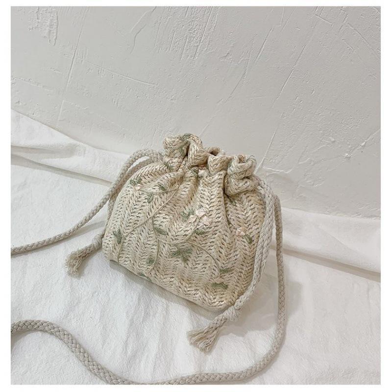 Woven Bag Women'S Trendy Fashion Lace Versatile Drawstring Bucket Bag One Shoulder Crossbody Straw Woven Bag