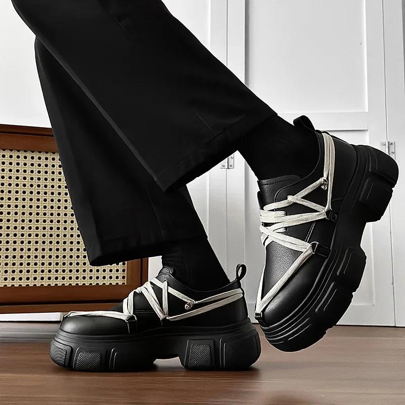 Men Shoes Thick Sole Increased Height Autumn Casual Comfort Non Slip Outdoor Lace Up Platform Korean PU Leather Sneakers 2025