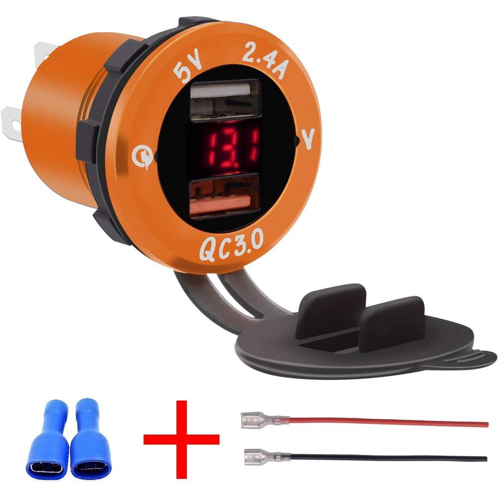 Aluminum Alloy Fast Charge QC 3.0 Dual with Voltmeter Charger DC12V-24V Led Display for Cars Motorcycles ATVs RVs SUVs Boats