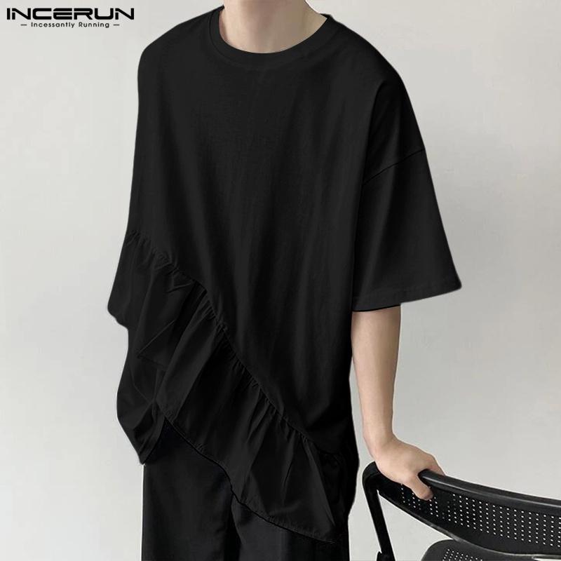 INCERUN S-XXXXXL Men O Neck Short Sleeve Patchwork Ruffled Hem Loose T-shirts