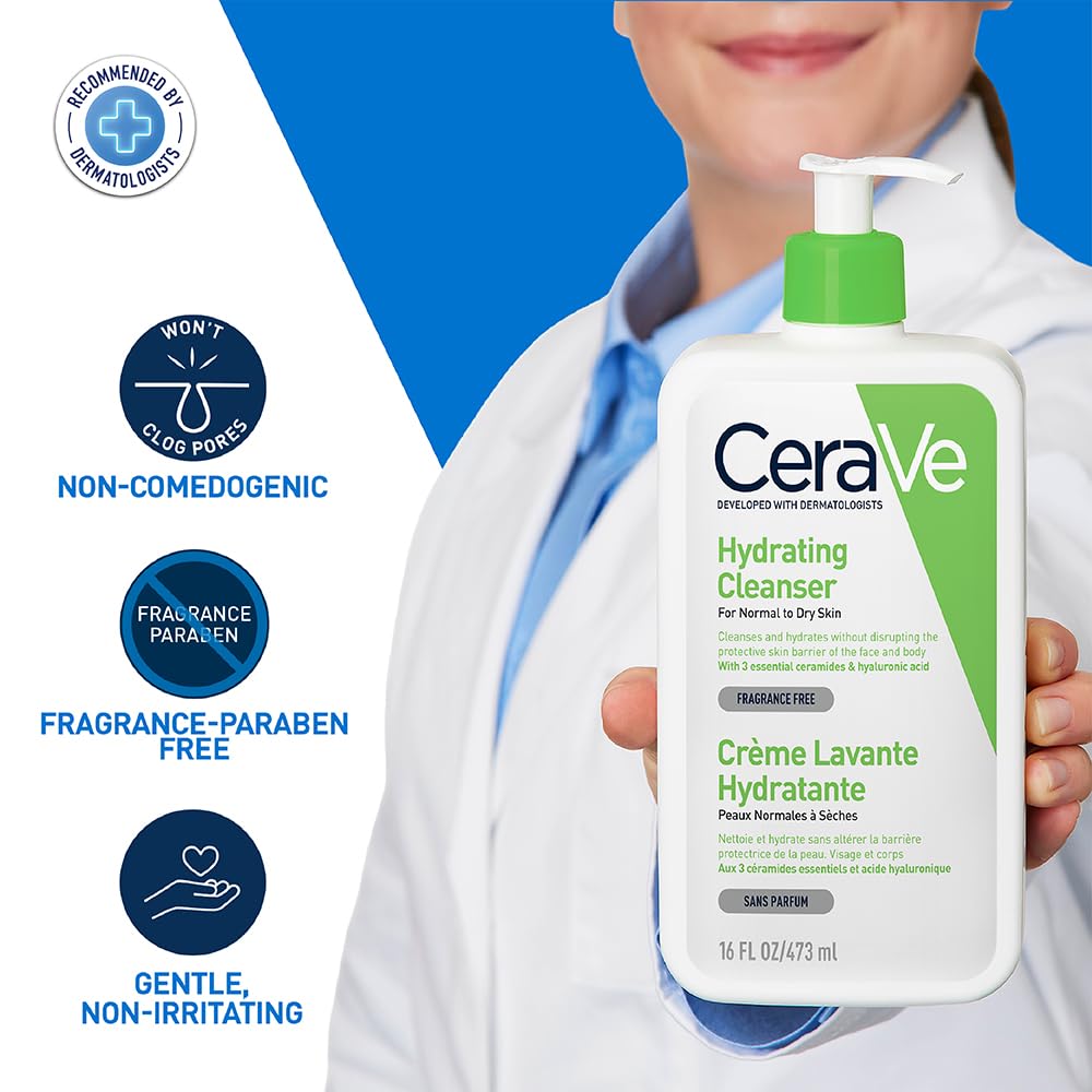 CeraVe Hydrating Cleanser for Normal To Dry Skin 473ml with Hyaluronic Acid 3 Essential Ceramides &