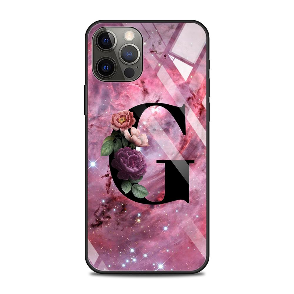 Tempered Glass Case For iPhone 14 12 11 Pro Max 13 12 Mini X XR XS Max 8 7 6s Plus Silicone Shell Letter A B Flowers Pink