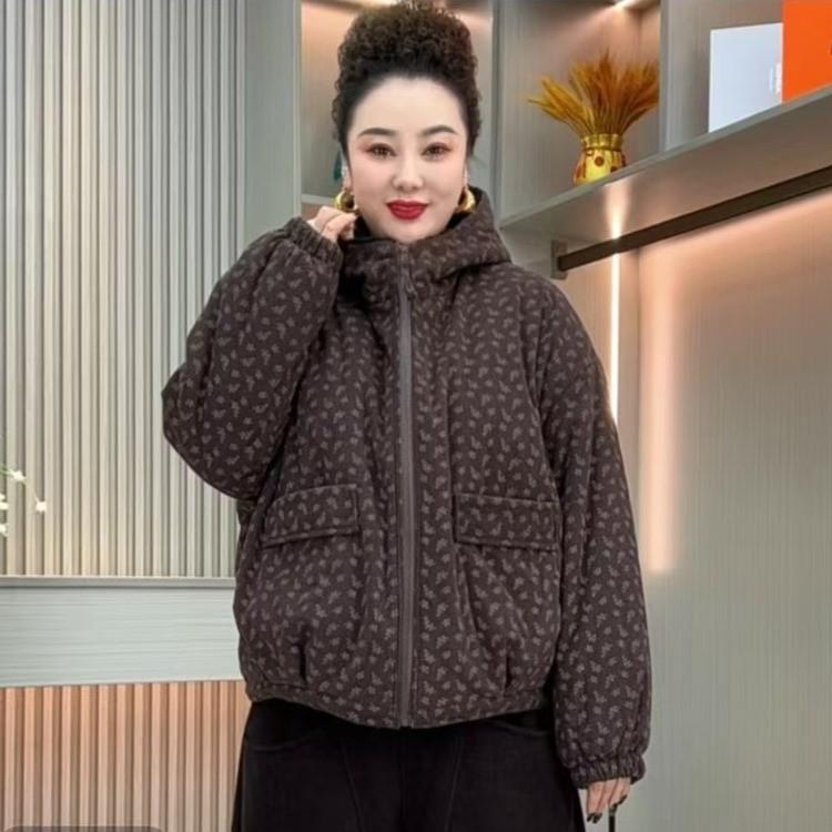 

Stylish Floral Print Corduroy Hooded Coat with Velvet Lining and Large Pockets for Middle-Aged and Elderly Women L for 125-150 jin коричневый