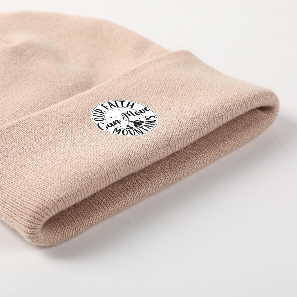 FAITH MOVE MOUNTAINS" Print Knitted Hat Beanie, Text Skullies Beanies Fit Thermal Headwear Pompom Beanies Knit Cap Beanie