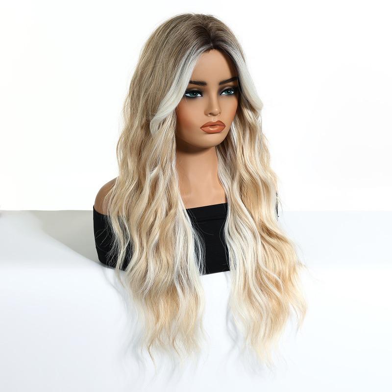 Hot-selling gradual change blond wig long curly hair chemical fiber hair high temperature silk female full headgear wigs factory spot