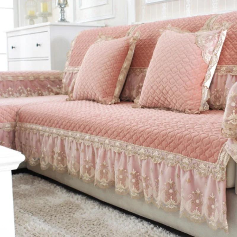 European Style Large Skirt Sofa Mat Four Seasons Short Plush Anti Slip Sofa Cover Simple Lace Solid Color Backrest Towel