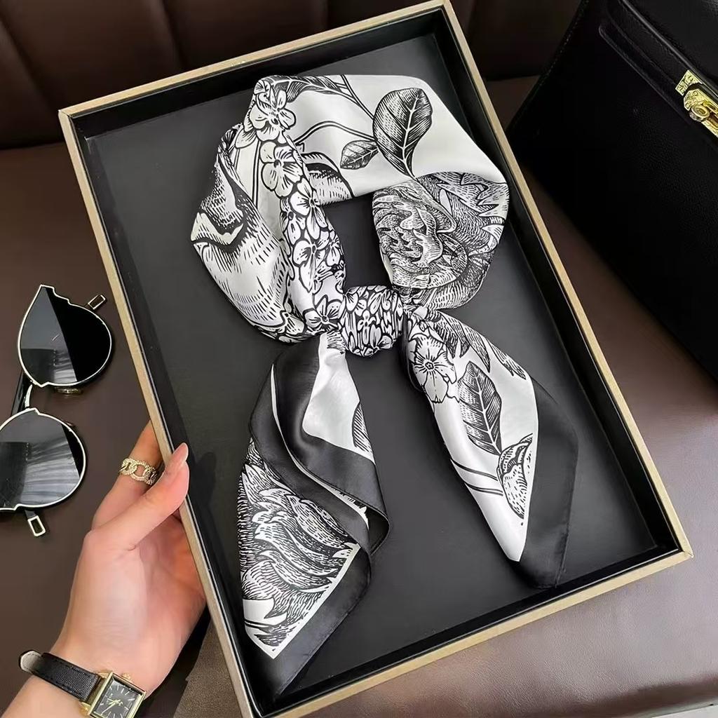 New 70Cm Square Silk Scarf Women Luxury Floral Print Foulard Head Hijab Neckerchief Bandana Bag Ribbon Lady Soft Satin Hairbands
