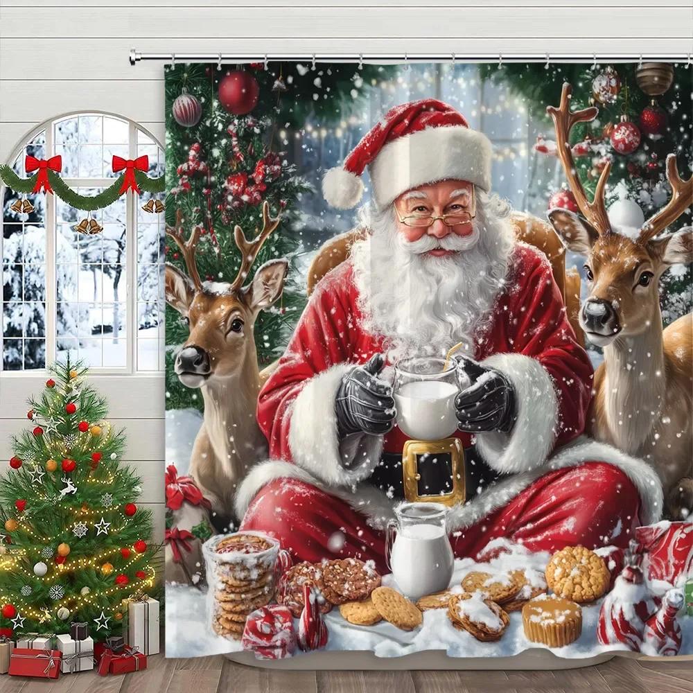 Christmas Snowman Shower Curtain Santa Claus Christmas Gifts Snow Printed Polyester Fabric Home Decor Shower Curtain With Hook