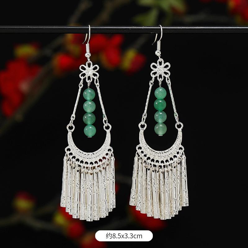 Miao Yin earrings original niche retro Dongling jade earrings long fringed earrings women