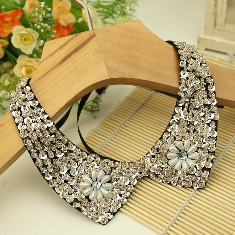 Fashion Wild Retro Beaded Sequins Rhinestones Pearl Lace Collar False Necklace DIY Clothes Shirt Sweater Decoration