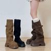 Women Boots Block Heel Fold Vintage Pleated Stack Western Boots Women'S  Round Toe Studded Knee-Free Knee Knight Boots