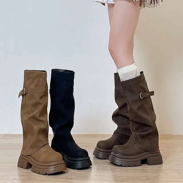 Women Boots Block Heel Fold Vintage Pleated Stack Western Boots Women'S  Round Toe Studded Knee-Free Knee Knight Boots