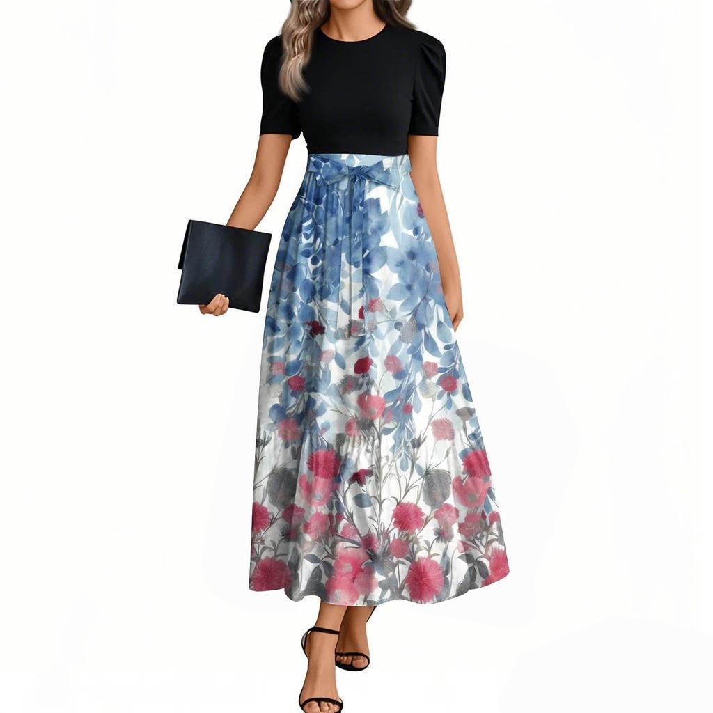 Women's Floral Print High Waist Fashionable And Elegant Dress