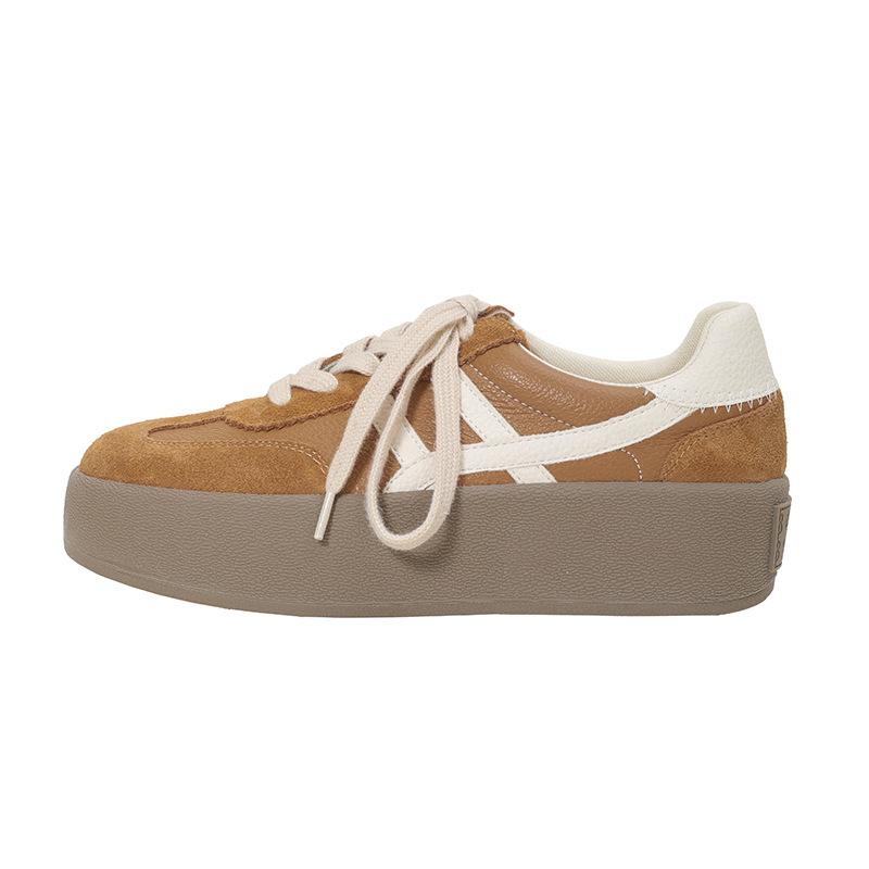 Cowhide color matching platform spring new round head lace-up casual board shoes retro ah Gan shoes