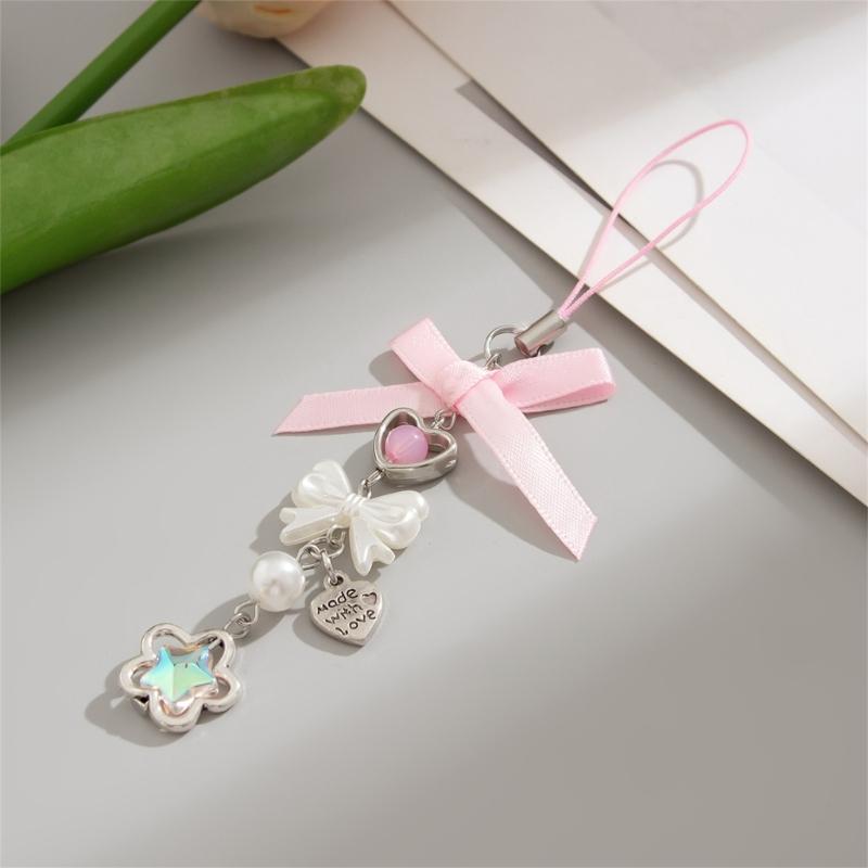 Lovely Strawberry Bowknot Phone Strap Charm Pendant with Star Accents Sturdy Handbag Adornment Craft Supplies for Girls