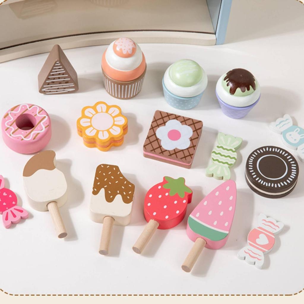Wooden Dessert Shelf ThreeTier Pretend Accessible Front Tea Party Play Set for