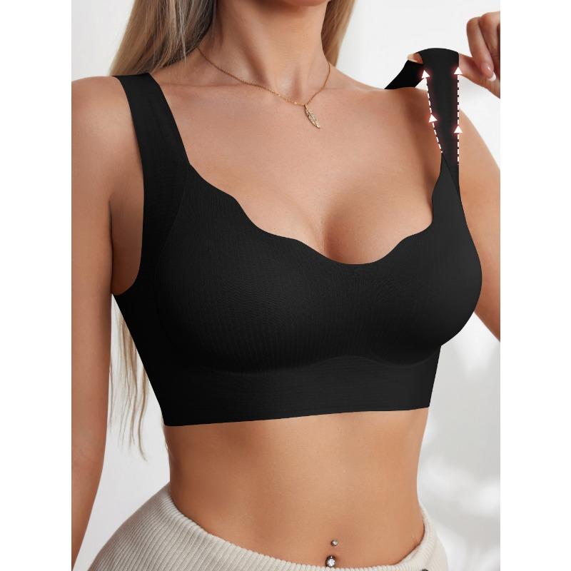 Женский бесшовный беспроводной бралетт, ребристый с отделкой «гребешок», удобный повседневный бюстгальтер, бюстгальтер для сна с широкими бретелями S чёрный