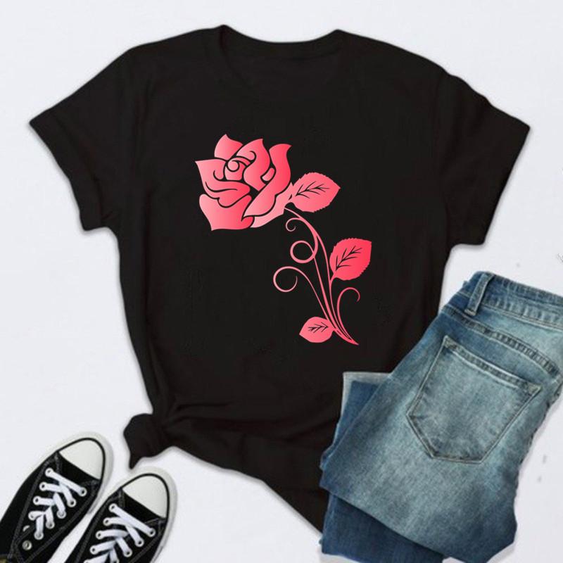 Women Rose Print Black T Shirt Female 2026 Valentine New Tshirt Fashion Short Sleeve Tee Tops Harjauku Cute Tshirt Graphic Y2K