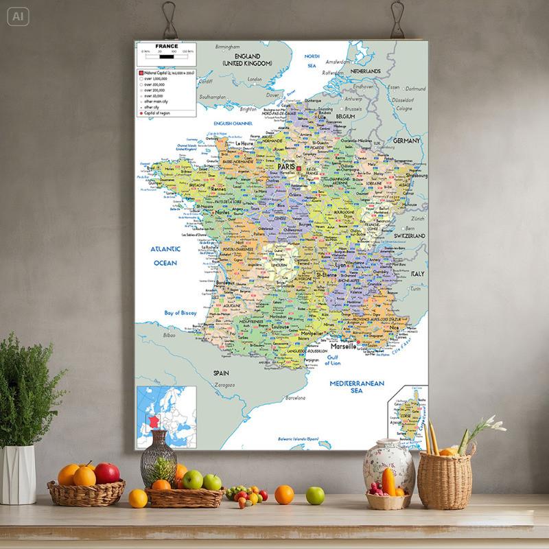 Verwaltungskarte-Englisch-Frankreichkarte,Kunstdruckposter für Zuhause,Klassenzimmer,Innen/Außen,Lehrposter,Reisewerkzeug,Ungerahmt