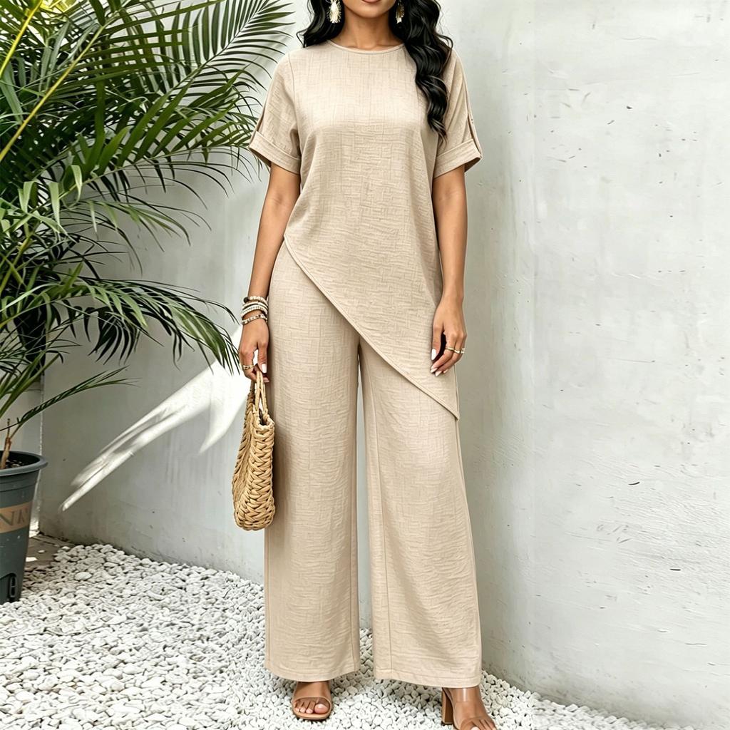 Women Loose Fit Round Neck Irregular Hem Mid Length Top Wide Leg Pants Casual Two Piece Set