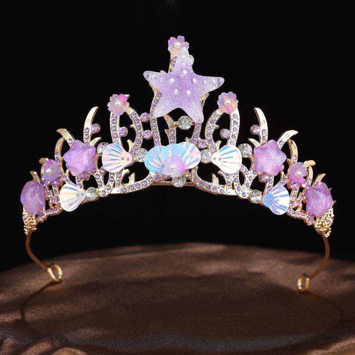 

2026 Fashion Handmade Starfish Flower Shell Crown Headgear Sequins Princess Queen Crown Ocean Hair Accessories 14.5*7CM фиолетовый