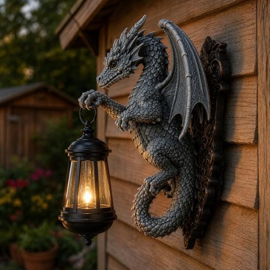 Solar Dragon Wall Light Vintage Resin Outdoor Dragon Sculpture Lamp Waterproof Gothic Garden