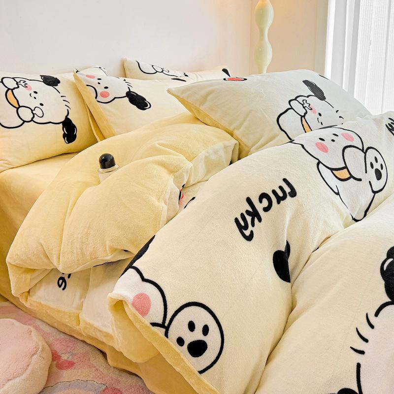 Thickened Milk Fleece Four-Piece Set Double-Sided Coral Flange Fleece Bed Sheet Quilt Cover Three-Piece Set Of Bed Hat