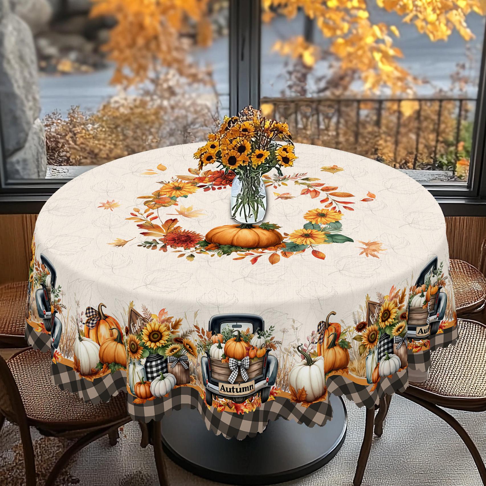 

1 Piece Of Thanksgiving Pumpkin Theme Round And Rectangular Tablecloth, Various Sizes, Autum Pumpkin And Fallen Leaf Pattern Printed Plaid Tablecloth, 140X180Cm