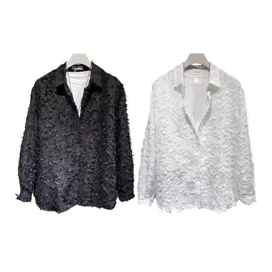 Men Shirt Long Sleeve Solid Color Fuzzy Tassel Button-down Cardigan Mid Length