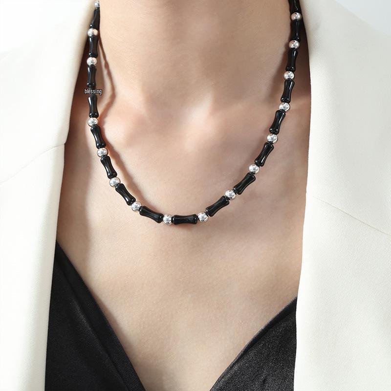 Natural Stone Round Agate Necklace with Bamboo Joint Beads & Titanium Steel Chain | Unisex Hip Hop Clavicle Accessory