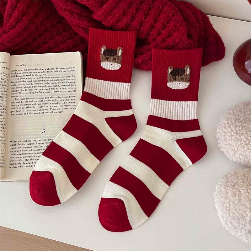 

1Pair Horse Pattern 2026 Stacked Socks Gift Cotton Soft Red Socks Knee-high