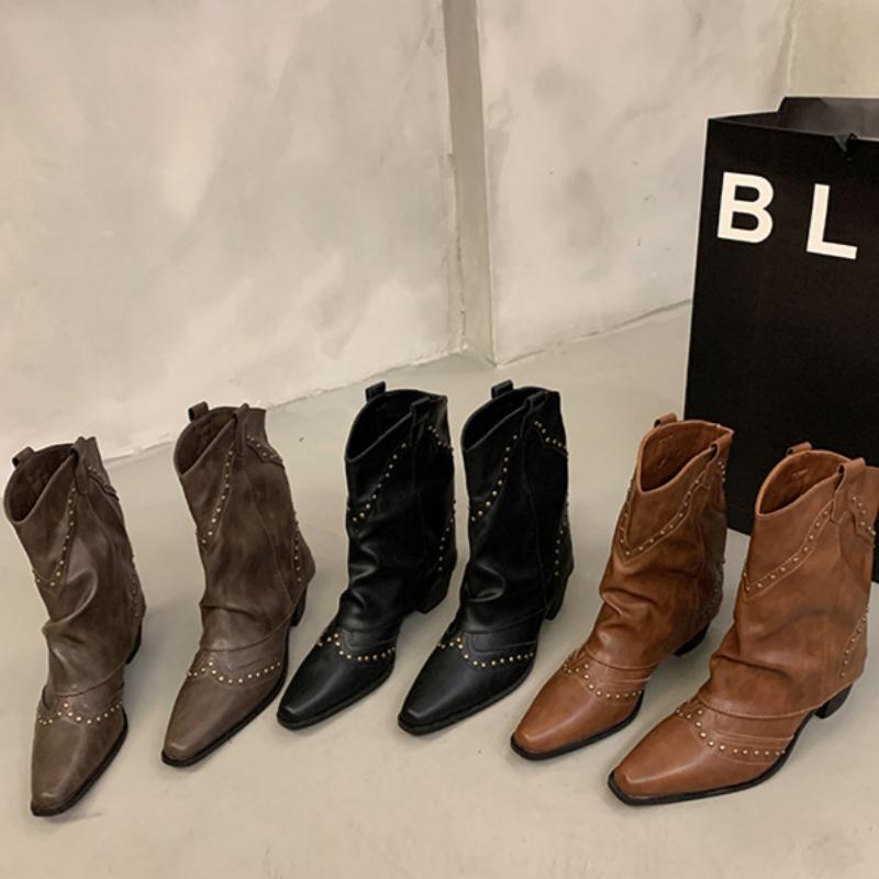Long Boots Rivet High-top Western Cowboy Knight Boots Ladies French All-match Retro Leather Boots