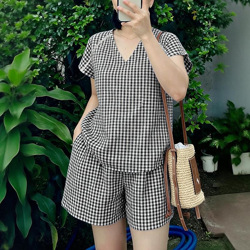 ZANZEA Women Short Sleeve Blouse and Shorts Grid Print Casual Two Piece Suit Sets