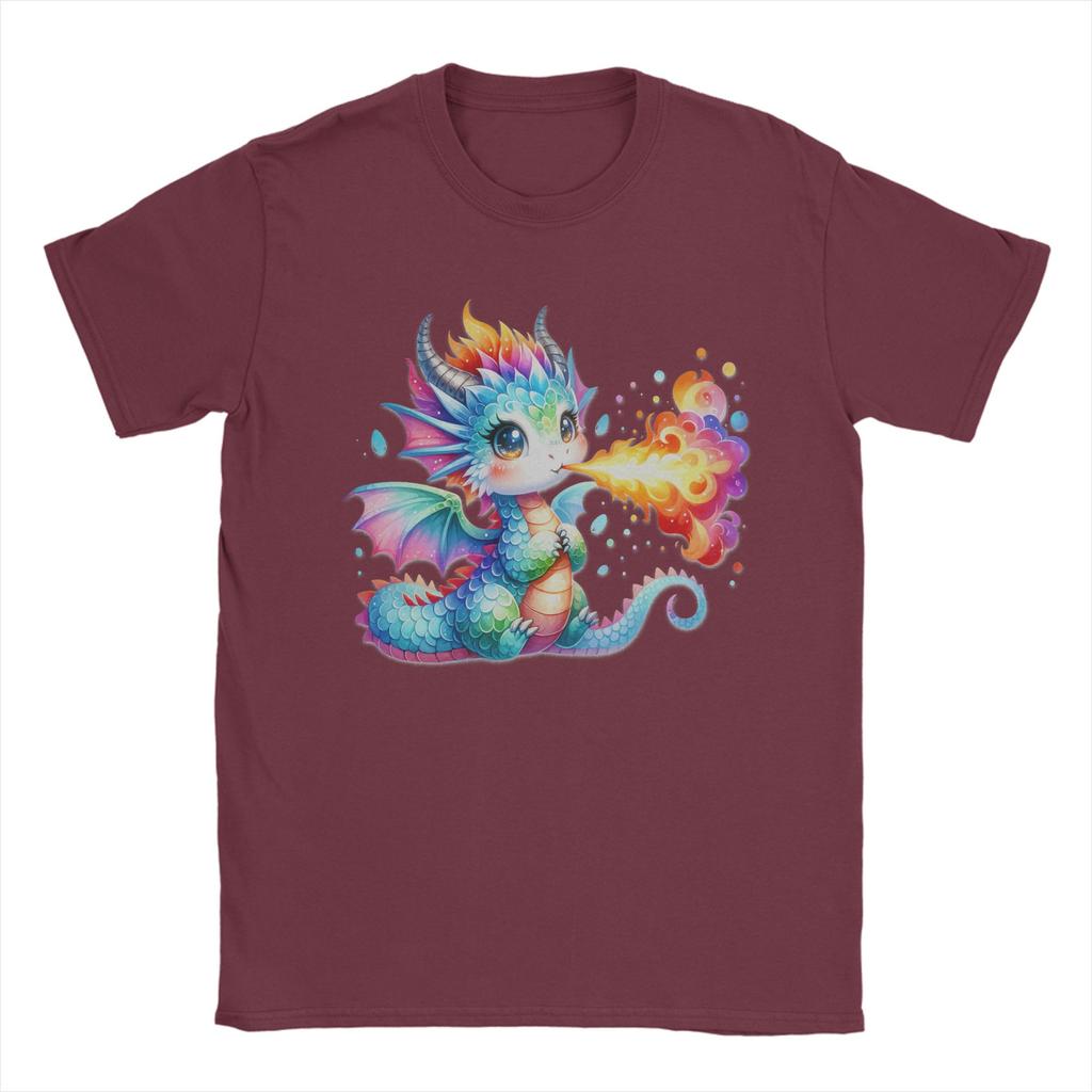Drachen-T-Shirt mit niedlichem Regenbogen-Drachen, der Feuer speit – Herren, reine Baumwolle, Rundhalsausschnitt, Kurzarm, Sommerkleidung