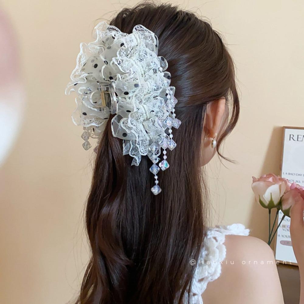 Neuer Stoff-Haarclip Spitze Temperament Greifclip Perlenquaste Schleife Haarnadeln für Frauen Super Fee Süß