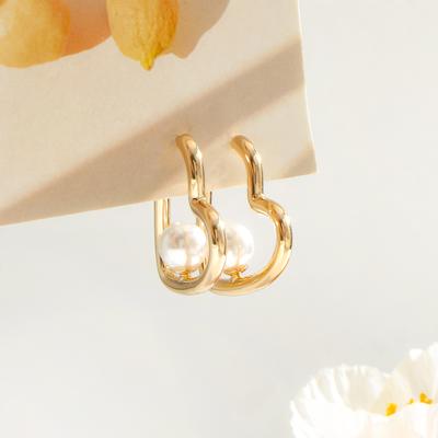 Golden Pearl Heart Hoop Earrings for Women Elegant Jewelry Gift