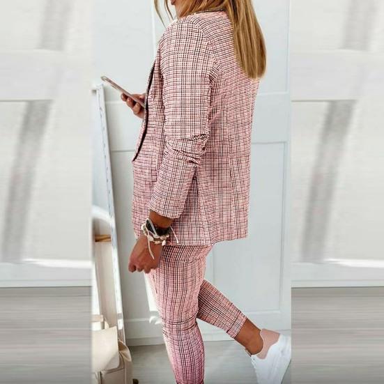 2 Stück/Set Damen Blazer Hosen Set Umlegekragen Cardigan Langarm Elastische Taille Schmale Passform Kordelzug Formell Knöchellang Kariert