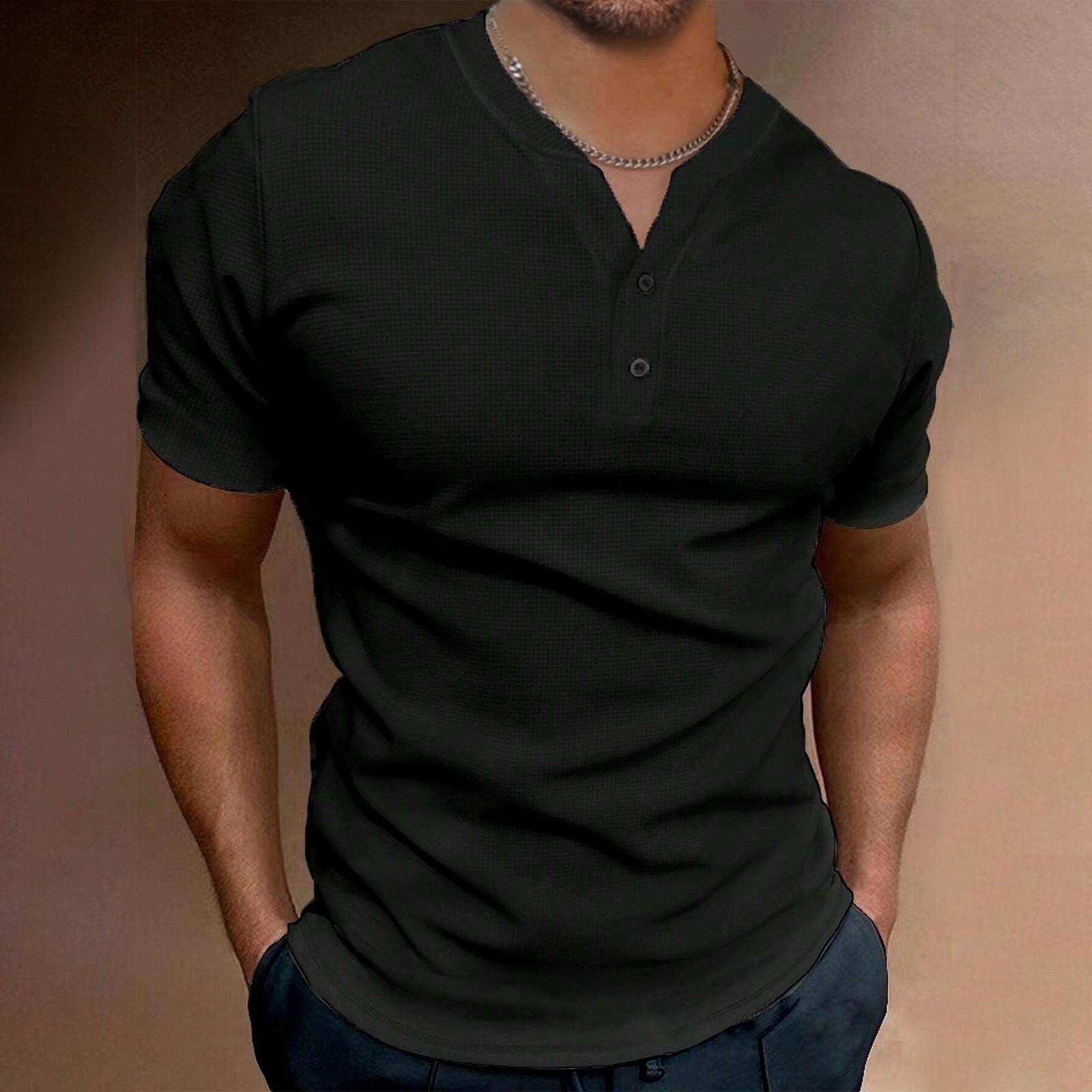 

Мужская однотонная рубашка с V-образным вырезом и пуговицами, мужская спортивная рубашка с коротким рукавом L чёрный