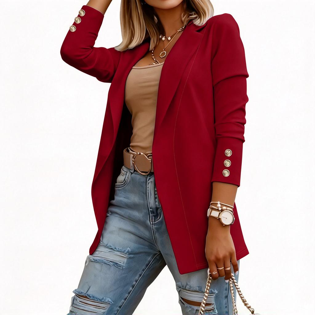 Women Open Front Blazer Long Sleeve Button Cuff Casual Office Lightweight Outerwear